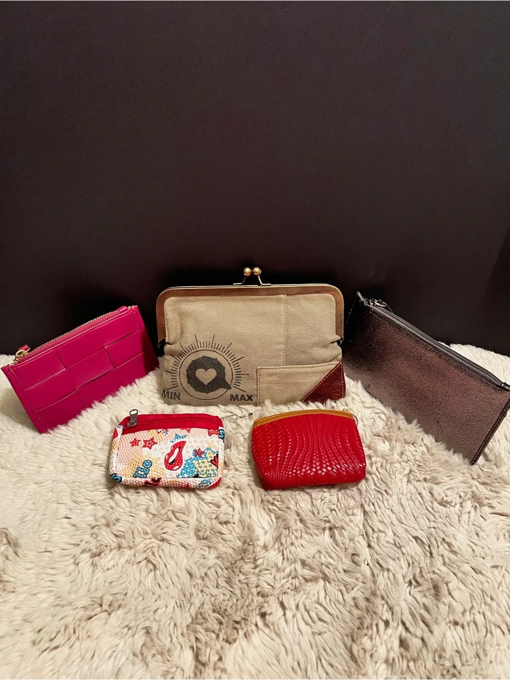 Bundle of various bags. Wallets, change purses